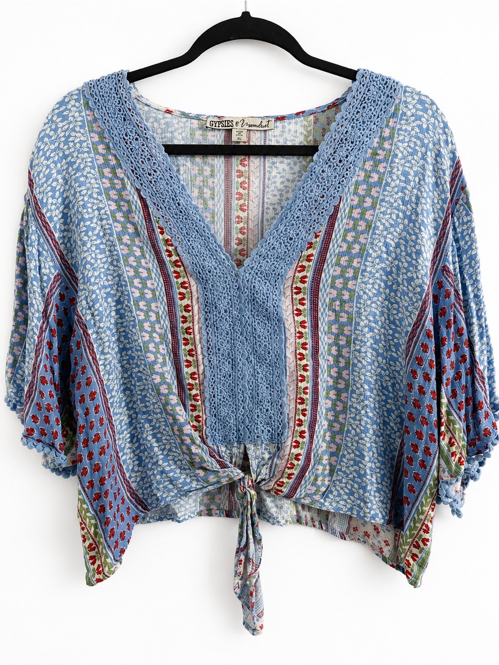 Gypsies & Moondust Blue Floral Boho Crochet Lace Tie Front Flutter Sleeve Top XL